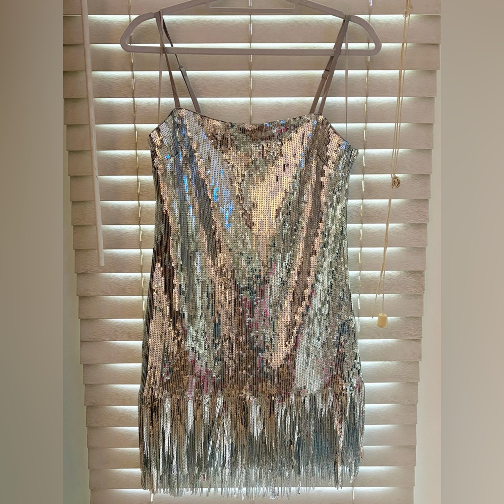 BRAND NEW Likely Linsley Silver Sequin Fringe Dress